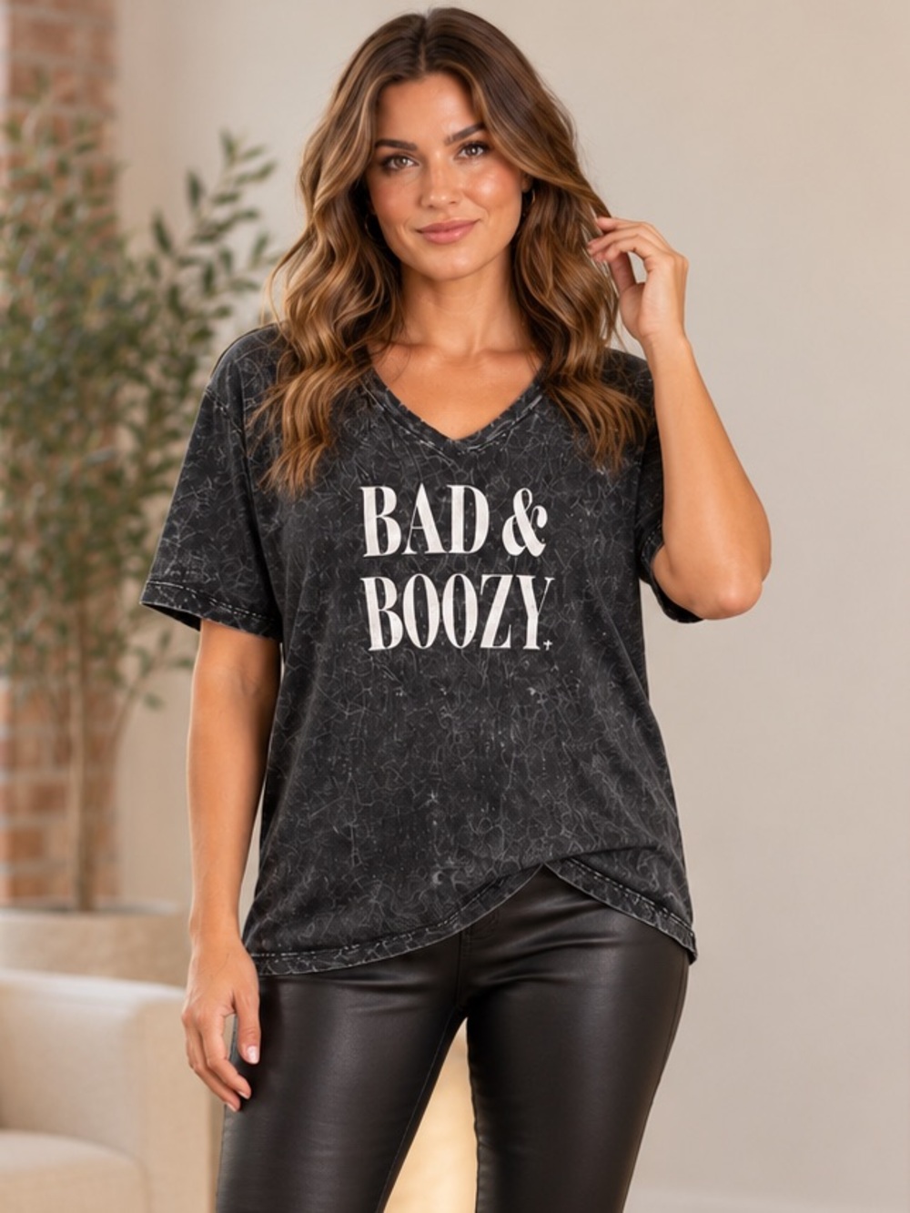 Edgy Cotton Tee Black Acid-Wash 'Bad & Boozy' Short Sleeve Graphic Festival XL